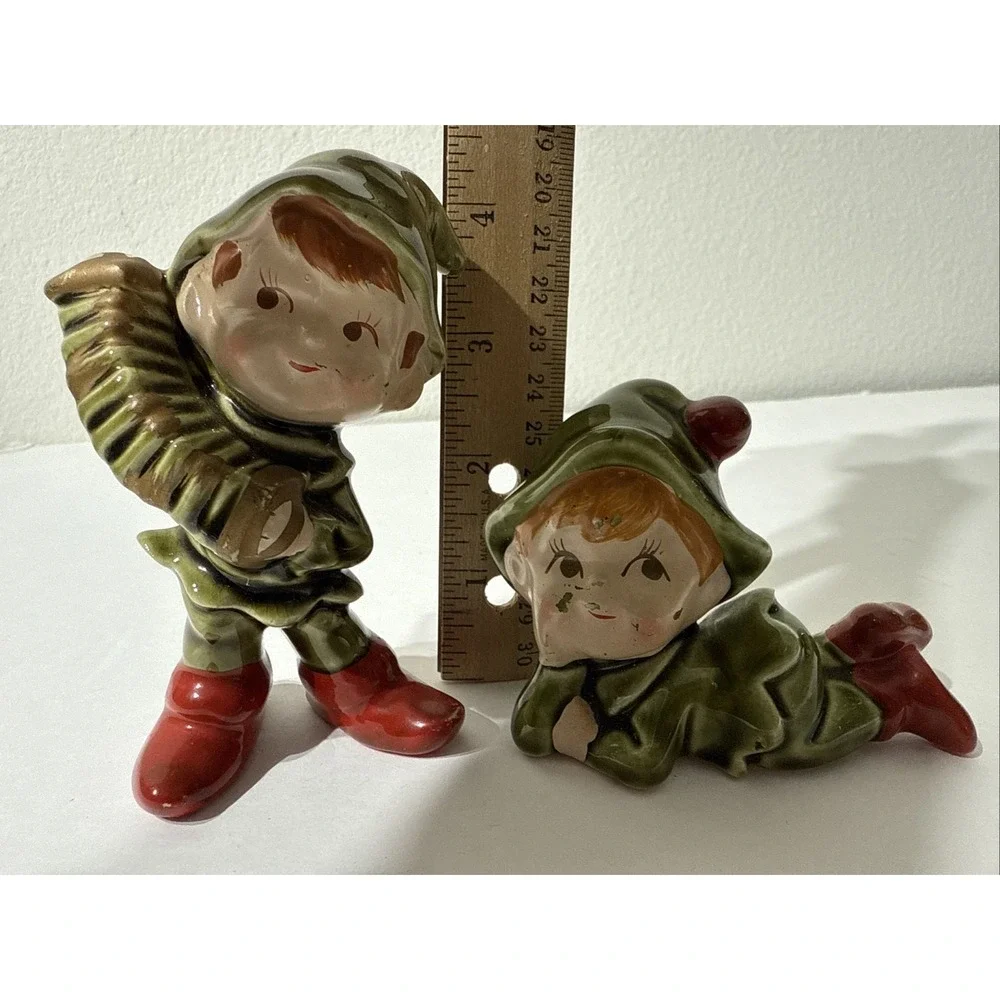 Vtg 2 Pc. Ceramic Pixie Santa Elf Music Christmas‎ Handpainted Figurine Japan 4